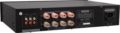 Amplificatore hi-fi stereo Taga Harmony TA-400MIC (2023), vista posteriore, connettori RCA, terminali per altoparlanti, presa di alimentazione