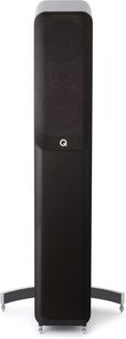 Q Acoustics Concept 50 sort lakeret gulvhøjttaler, set forfra, vertikal rektangulær form, diskant og mellemtone/bas-højttaler