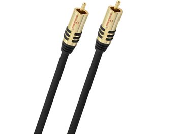 Câble pour caisson de basses Oehlbach NF Sub 2m noir à gaine plastique, vue diagonale rapprochée de deux connecteurs RCA mâles en métal doré avec anneaux grip noirs et logo rouge