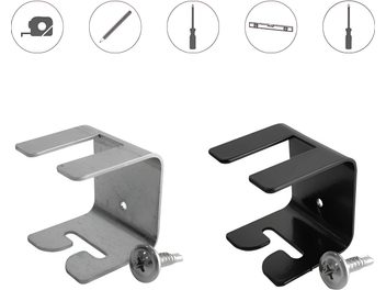 Accessorio acustico FixArt Tube Lock Artnovion, vista esplosa di 5 pezzi metallici: 2 supporti a L, 2 terminali cilindrici, 1 asta filettata