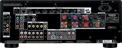 Onkyo TX-NR616 schwarzer Heimkino-Verstärker, Rückseite, Audio-/Video-Anschlüsse, Anschlüsse und Einstellungsknöpfe