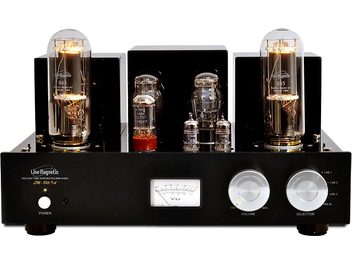 Amplificatore a valvole Line Magnetic LM-845IA nero, pannello frontale con VU meter ambrati, manopole cromate, coperchio valvole