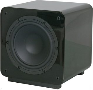 Tangent Evo E10 sort subwoofer, set forfra, kubisk form, sort rund højttaler i midten, mat sort kabinet