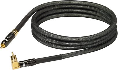Real Cable SUB1801 subwooferkabel 5m, svart, guldpläterade RCA-kontakter, en rak och en vinklad, flätad hylsa, visad upprullad
