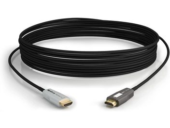 Schwarzes, spiralförmig aufgerolltes HDMI-Kabel Wyrestorm CAB-HAOC-40-C mit versilberten HDMI-Steckern an den Enden