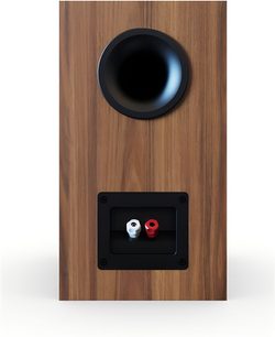 Elac Debut 3.0 DB53 bookshelf speaker, rear view, walnut wood finish, circular port, dual red and white binding posts