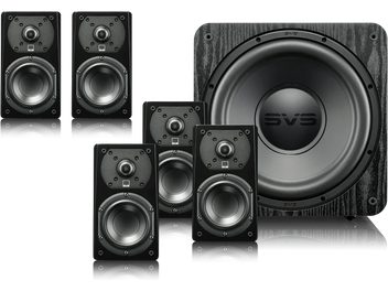 Sada reproduktorů SVS Prime 5.1 černý jasan: 5 knihovních reproduktorů a 1 subwoofer, přední strana, provedení černý jasan