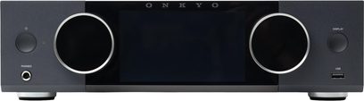 Onkyo Y-50 sort stereo hi-fi-forstærker, frontvendt med stor centreret skærm, to store knapper og USB-hovedtelefonporte