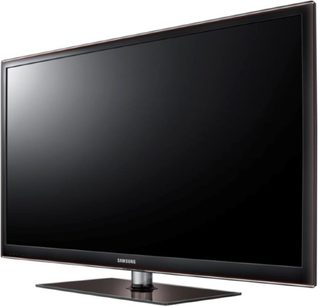 Samsung PS51D550ZF-fladskærms-TV, 51 tommer, frontvisning, slukket, højglansblank sort ramme, sølvfarvet centralt fod