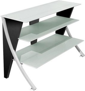 Yamaha YEF-ST005 audio-videomøbel, inverteret Z-struktur, 3 lyse grå rektangulære hylder, sorte ben