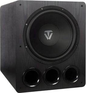 Sort Tonewinner SW-D6000 subwoofer med frontmonteret højttaler med logo og tre runde basporte på fronten