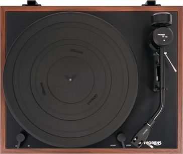 Thorens TD 403 DD OAK Plattenspieler von oben gesehen, schwarzer Plattenteller und Rahmen in Holzoptik mit Tonarm