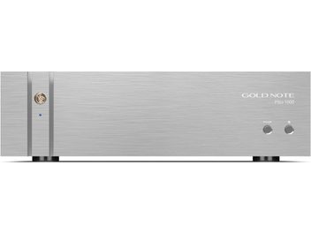 Отделно hi-fi захранване Gold Note PSU-1000 в сребрист цвят, с челe от матиран алуминий с лого, син светодиод и два бутона