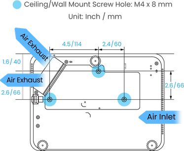 Teknisk diagram af en Benq TK700 projektor set fra siden, der viser indgående og udgående luftstrømme
