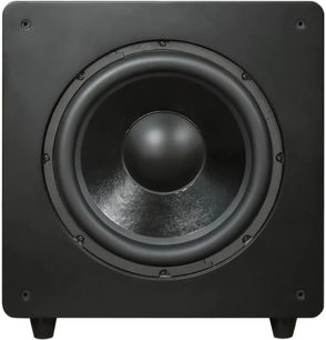 Schwarzer Velodyne Deep Waves 12 Subwoofer in der Frontalansicht, quadriges Gehäuse mit großer, sichtbarer runder Membran