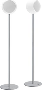Dois pés de colunas Elipson Pied Planet M em metal cinzento, cada um composto por uma haste vertical e uma base circular plana