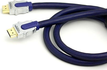Choseal CHD-3221 R2 blå HDMI-kabel, forgyldte stik, blå flettet kappe, set ovenfra, enderne synlige