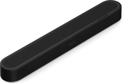 Soundbar Sonos Beam Ultra nera, vista dall’alto con griglia frontale e comandi touch superiori