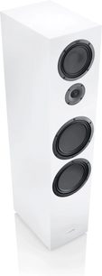 Witte matzwarte Canton GLE 100 S2 vloerstaande luidspreker, driekwart zicht, drie uitgelijnde woofers en een zwarte tweeter