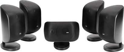 Pakke med kompakte Bowers & Wilkins MT80-D sorte højttalere, 5 sorte lakerede højttalere, set forfra, symmetrisk opstilling