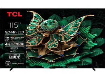 TCL 115C7K 115-inch televisie, vooraanzicht, slanke zwarte metalen rand met schuine poten en een scherm dat een gedetailleerde groene illustratie weergeeft