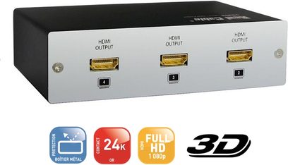 HDMI-switch og -splitter Real Cable HDD-14b 1 til 4, sort rektangulært kabinet, 3 HDMI-indgange, 1 HDMI-udgang
