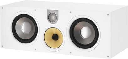 Centrální reproduktor Bowers & Wilkins HTM61 S2 bílý, pohled zepředu, dva černé reproduktory a uprostřed zlatý výškový reproduktor