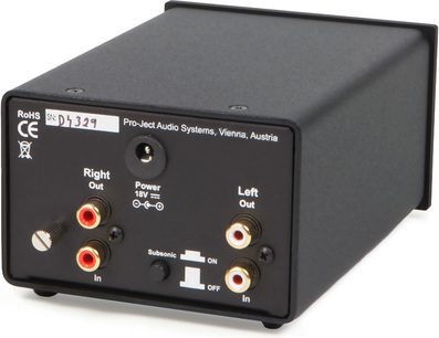 Pro-Ject Phono Box DS sort forforstærker, rektangulært mat sort kabinet, frontpanel med RCA-stik, kontakter og indikatorlys
