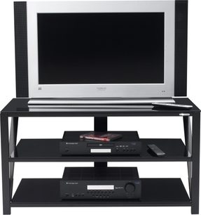 Sort TV-møbel med 2 niveauer med fladskærm, DVD-afspiller og højttalere, i metal og glas, set forfra