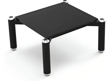 Mesa de centro rectangular negra con 4 patas cilíndricas plateadas en las esquinas, vista superior en perspectiva