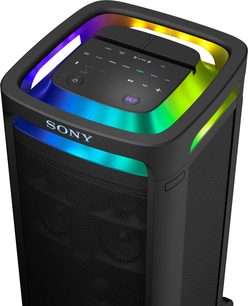 Cassa Bluetooth portatile Sony ULT Tower 9 nera in plastica opaca con griglia metallica frontale e fascia luminosa LED multicolore che incornicia il pannello comandi superiore, vista da tre quarti dall’alto anteriore