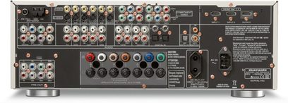 Achterzijde van een Marantz SR4003 home cinema-versterker met talrijke audio/video-aansluitingen zoals HDMI, component, S-Video en optische aansluitingen