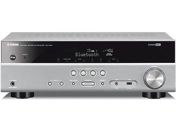 Yamaha RX-V381 titan hjemmebiograf-forstærker, frontpanel med knapper, drejeknapper, display, hovedtelefonstik og USB-port, set forfra