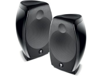 Enceintes Focal Sib Evo Dolby Atmos 2.0 noires, vue de face, forme arrondie, grille noire, logo argenté