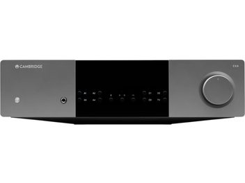 Stereo integrated hi-fi amplifier Cambridge Audio EXA100 with gray front panel, black central display, buttons, and circular knob on the right
