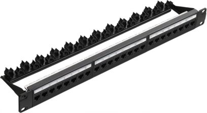 Панель комутації 24 x RJ45 CAT6 чорного кольору з 24 пронумерованими портами на передній панелі та чорною пластиковою зубчастою задньою опорою
