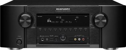 Marantz SR6005 sort hjemmebiografsforstærker, frontpanel, frontvisning, blå skærm, sølvfarvede knapper og drejeknapper