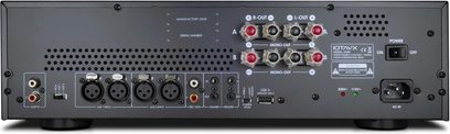 IOTAVX PA40 hi-fi effektforsterker i svart metall, baksidevisning, med åtte røde og gjennomsiktige høyttalerterminaler, fire XLR-innganger, RCA-kontakter, USB-A-port, strømbryter og IEC-kontakt