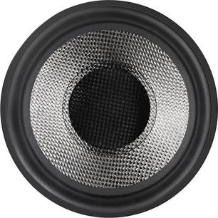 Bowers & Wilkins DB4S sort baskabin, nærbillede forfra af den flettede kulfiber-membran