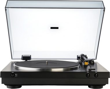Platine vinyle hi-fi Dual CS 329 noire en métal et plastique, socle rectangulaire avec plateau noir cerclé argent, bras de lecture à droite et boutons de commande en façade, capot transparent relevé, vue de face