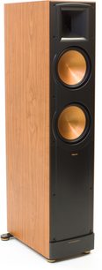 Sloupová reprosoustava Klipsch RF-82 MkII třešeň, pohled zepředu, světlý dřevěný korpus, černá čelní strana se dvěma zlatými reproduktory