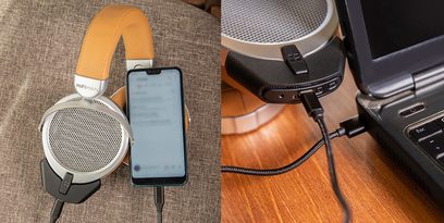 Hifiman Deva hovedtelefoner, smartphone der viser Hifiman-appen, USB-kabel og mikrofon på et træbord