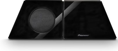 Sort Pioneer LX-01 hjemmebiografsystem, set ovenfra, med rund højttaler integreret i det V-formede kabinet