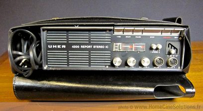 Uher 4200 Report Stereo IC lenšu magnetofons, skats no priekšpuses, melns korpuss, sudraba priekšējais panelis ar pogām un ciparripām