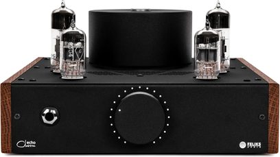 Preamplificatore per cuffie hi-fi Feliks Audio Echo Classic nero a valvole, vista frontale con manopola centrale e lati in legno