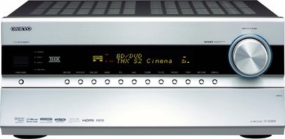 Onkyo TX-NR808 sølvfarvet hjemmebiograf-forstærker, set forfra, blå display "BD/DVD THX S2 Cinema", knapper og drejeknap på frontpanelet