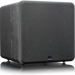 SVS SB-2000 Pro subwoofer in black ash finish, front view, placed on a reflective surface