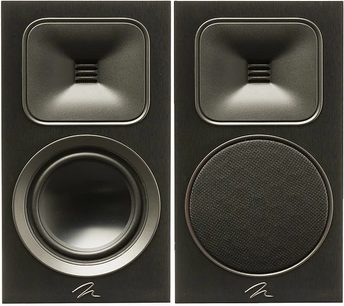Dos vistas de cerca de un altavoz de estantería MartinLogan Foundation B1 en negro mate, parte frontal y lateral
