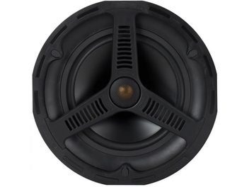 Monitor Audio AWC280 indbygget højttaler, set forfra, cirkulær sort gitterdæksel med gylden centralt placeret højttaler