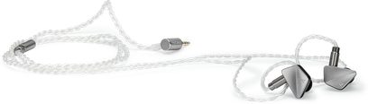 Astell&Kern ZERO 1 in-ear hovedtelefoner med trekantede sølvfarvede kabinetter og hvid flettet kabel afsluttet med en lydstik